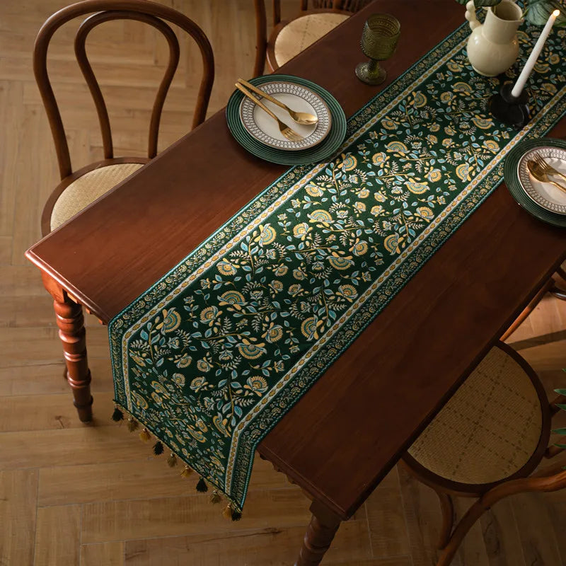 American Vintage Style Table Runner with Floral Jacquard Weave and Tassels