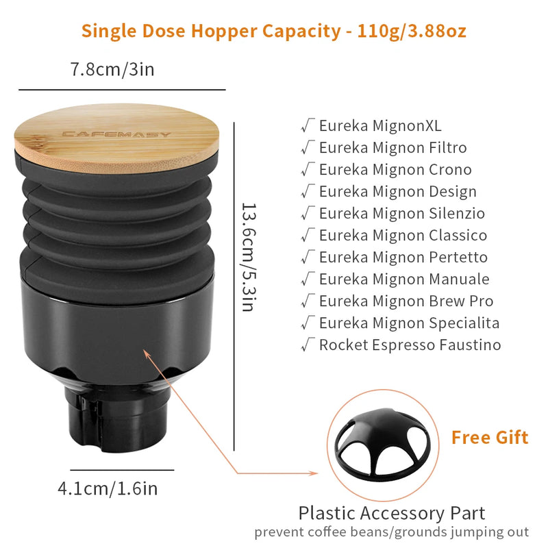 Coffee Grinder Single Dose Hopper with Bellows – Cleaning Tool for Eureka Mignon and Helios