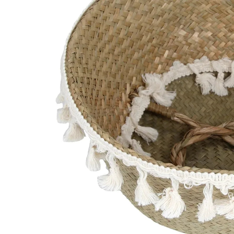 Boho Decor Wicker Baskets – Handmade Tassel Storage and Decorative Seagrass Belly Baskets