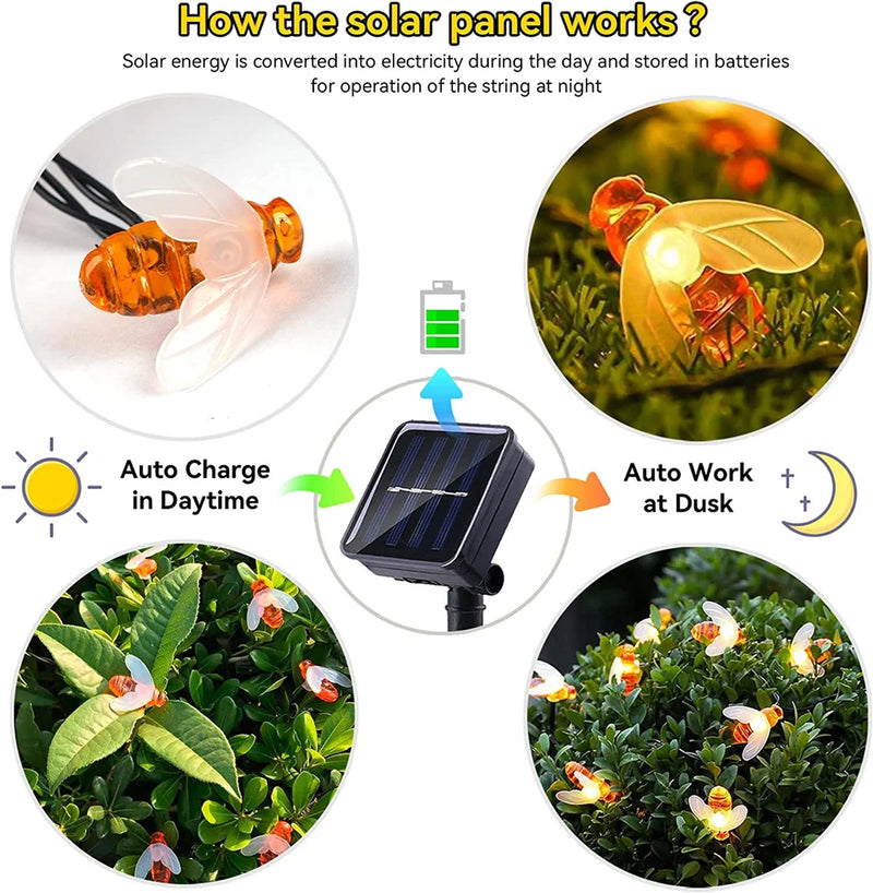 Solar String Light - 20 LED Cute Bee Outdoor Waterproof Light Solar Lights