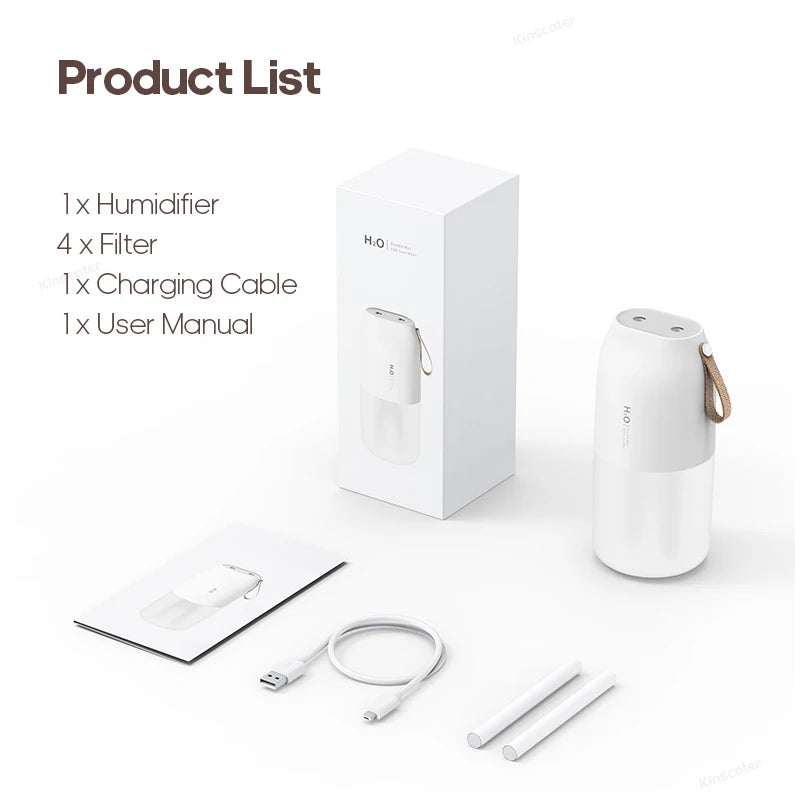 Portable Double Mist Air Humidifier – 300ml Cold Mist Diffuser 2000mAh Battery, USB Air Freshener