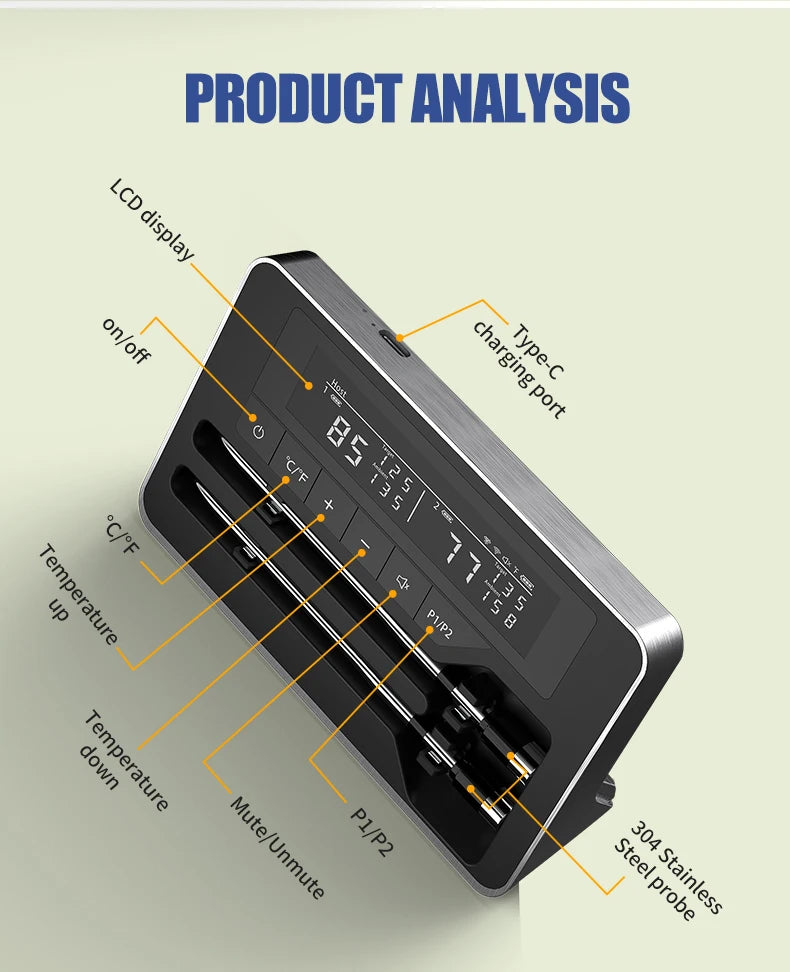 Smart Wireless Meat Thermometer with 800FT Range & Dual Sensors - Bluetooth Digital BBQ Probe