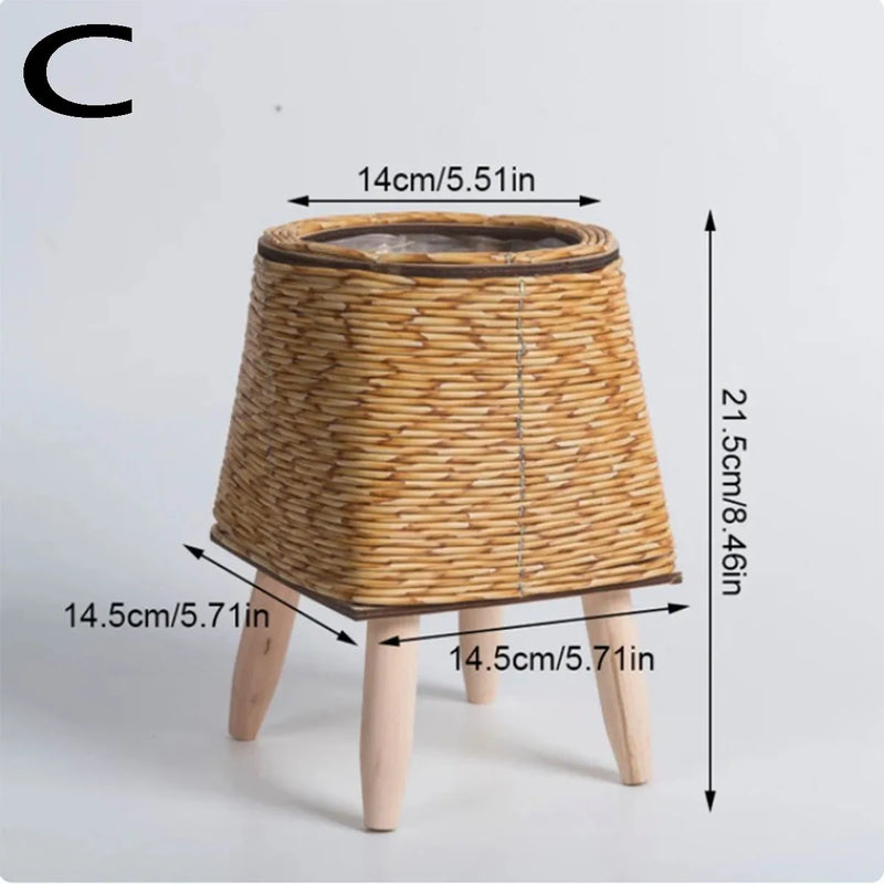 Vintage Handmade Rattan Flower Pot Basket - Desktop Planter