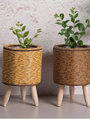 Vintage Handmade Rattan Flower Pot Basket - Desktop Planter