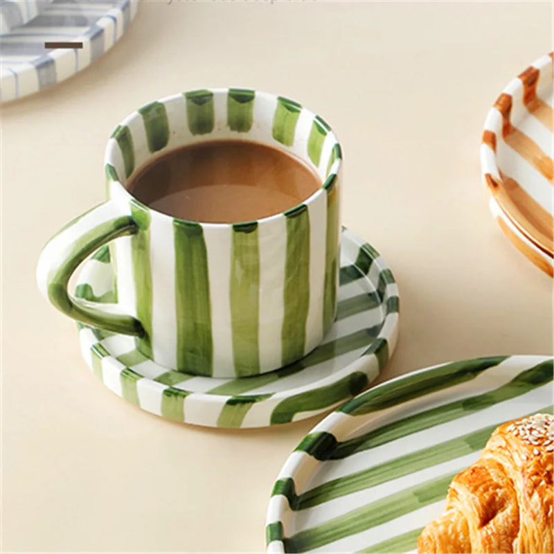 Minimalist Hand-Drawn Striped Ceramic Cup and Plate Set - 280ml/9.5oz