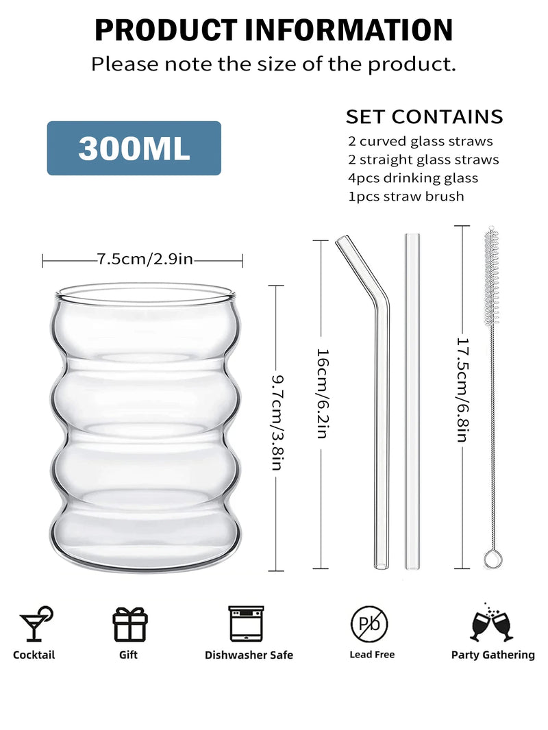 Bubble Glass Cups Coffee Mug | Vintage Ribbed Drinking Glasses with Straws Set 4PC