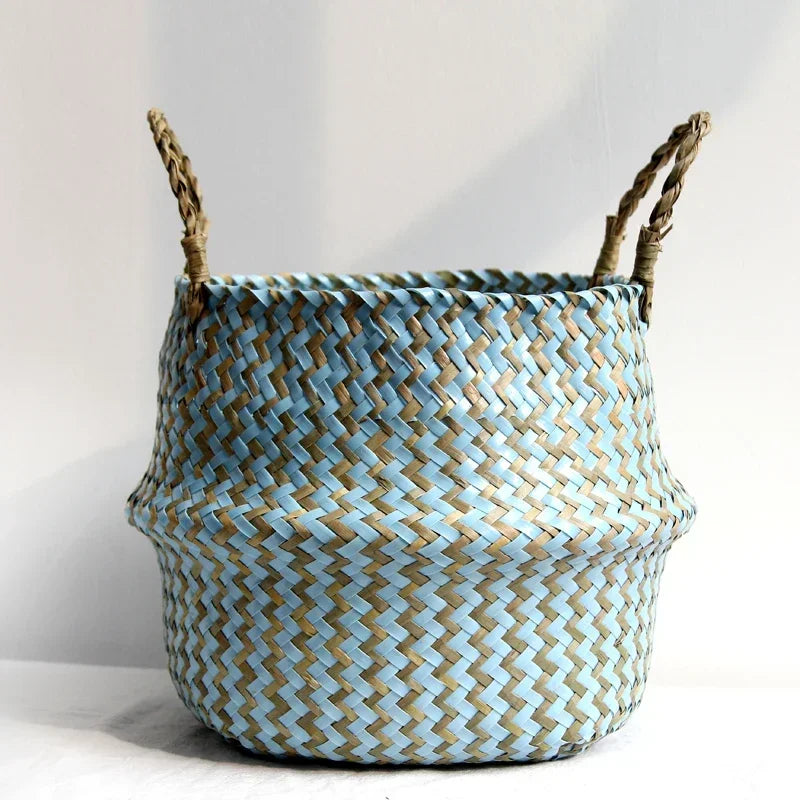 Handmade Collapsible Wicker and Straw Storage Basket – Versatile Laundry or Flower Basket