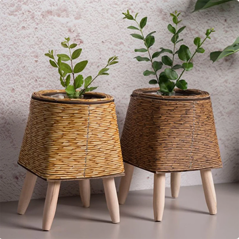 Vintage Handmade Rattan Flower Pot Basket - Desktop Planter