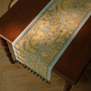 American Vintage Style Table Runner with Floral Jacquard Weave and Tassels