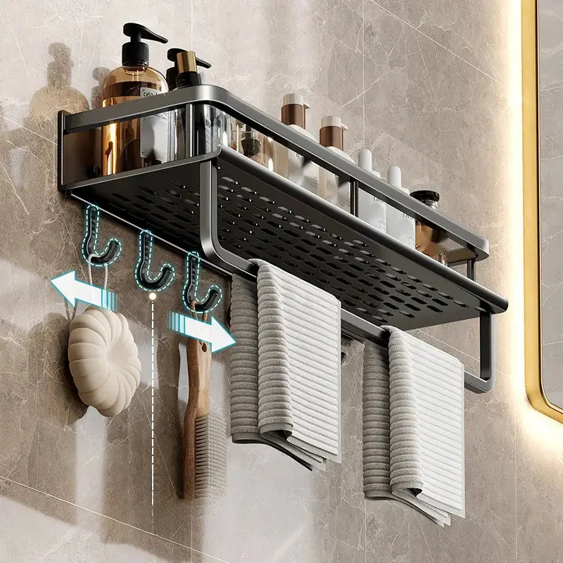 Black Wall-Mounted Bathroom Storage Rack – Single Tier Toiletries Shelf