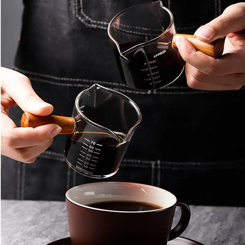 Wood Handle Glass Espresso Measuring Cup – Double/Single Mouth Milk Jug for Coffe