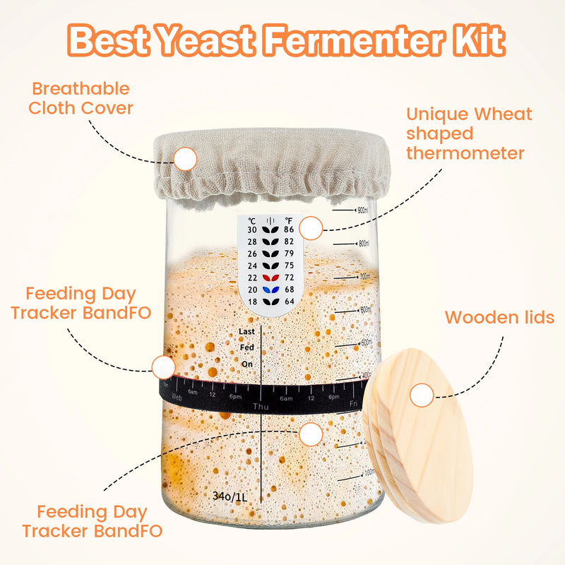 Sourdough Starter Fermentation Jar Kit – 1L Clear Glass Jar for Sourdough Baking with Accessories