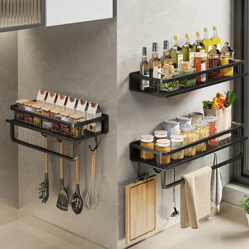 Wall-Mounted Kitchen or Bathroom Rack Shelf with Storage & Hook Rod – 30/40/50CM