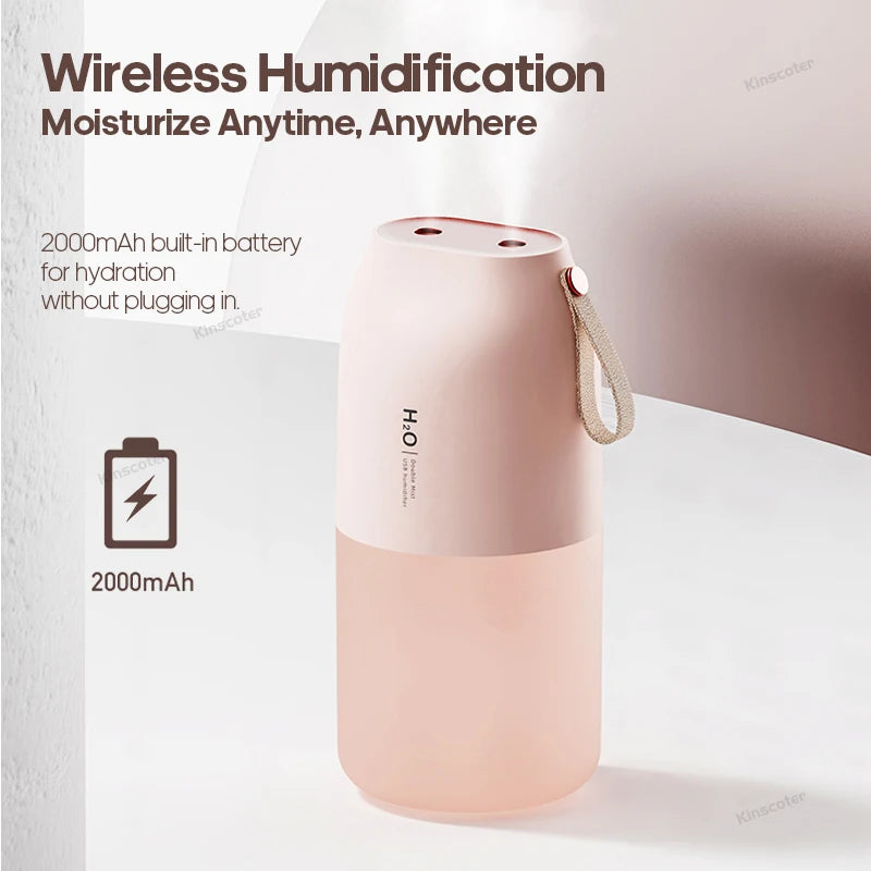 Portable Double Mist Air Humidifier – 300ml Cold Mist Diffuser 2000mAh Battery, USB Air Freshener