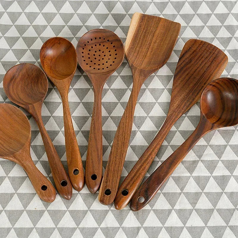 Teak Natural Wood Tableware Set – Spoon, Rice Colander, Soup Skimmer, Cooking Utensils