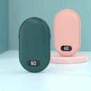 Two hand warmers, one green and one pink, with text about temperature control on a light blue background.