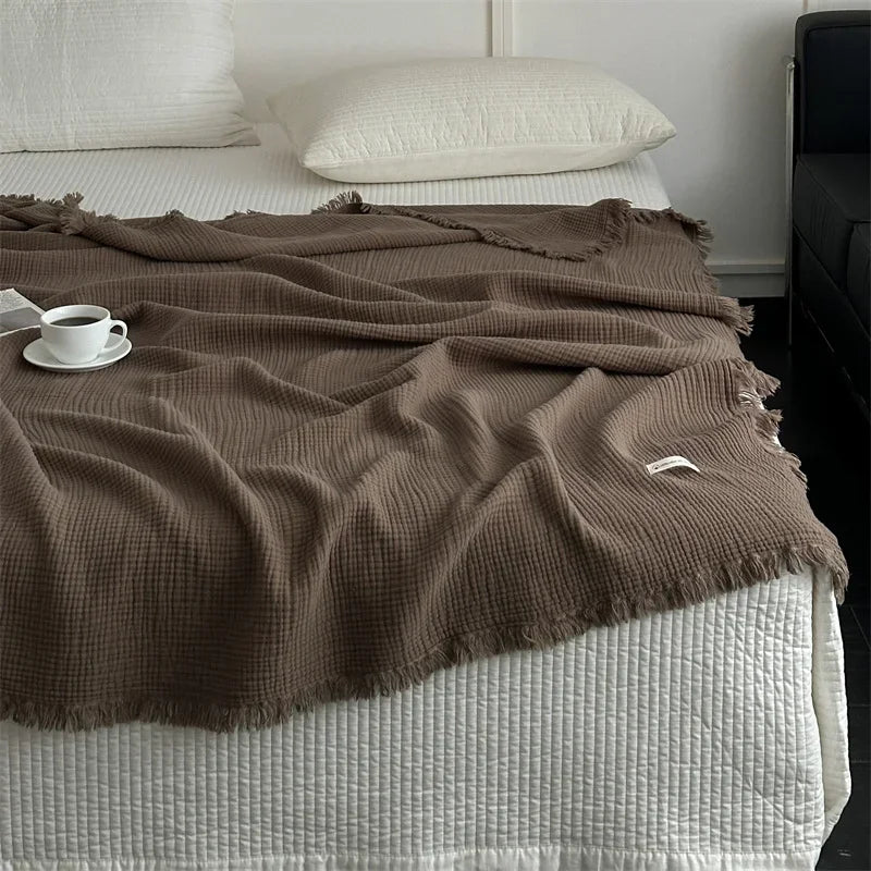 100% Fine Cotton Solid Color Blanket – Soft, Tassel-Finished Throw for Home Decor