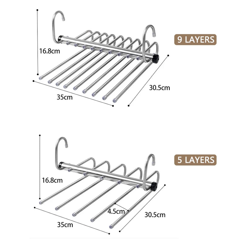 Folding Magic Pants Rack – 5/9 Layer Space-Saving Stainless Steel Organizer for Wardrobe