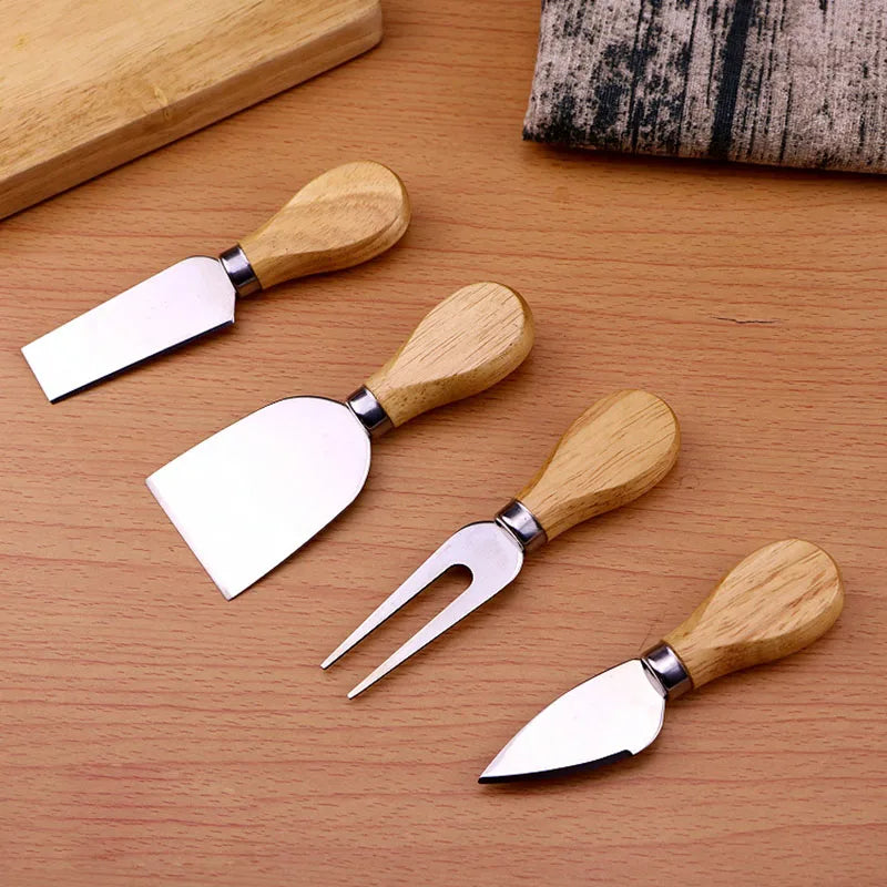 Bamboo & Oak Handle Cheese Cutter Set Stainless Steel Cheese Knife Kit for Easy Slicing and Serving
