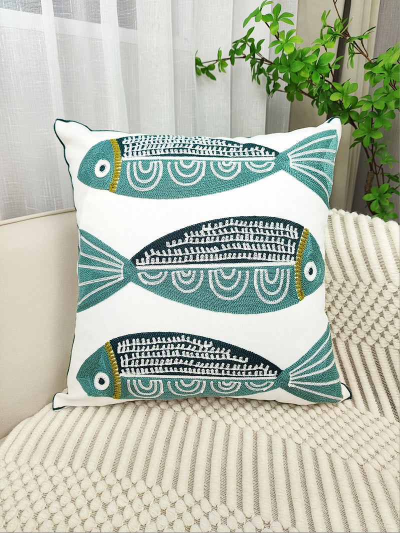 Blue Fish Embroidered Cushion Cover – Elegant Coastal Home Accent