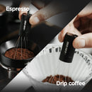 Two images showing a hand using a coffee grinder for espresso and drip coffee, with 'Espresso' and 'Drip coffee' text respectively.