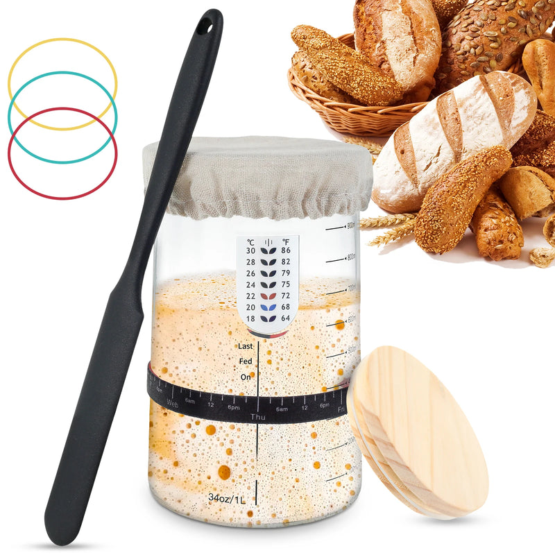 Sourdough Starter Fermentation Jar Kit – 1L Clear Glass Jar for Sourdough Baking with Accessories