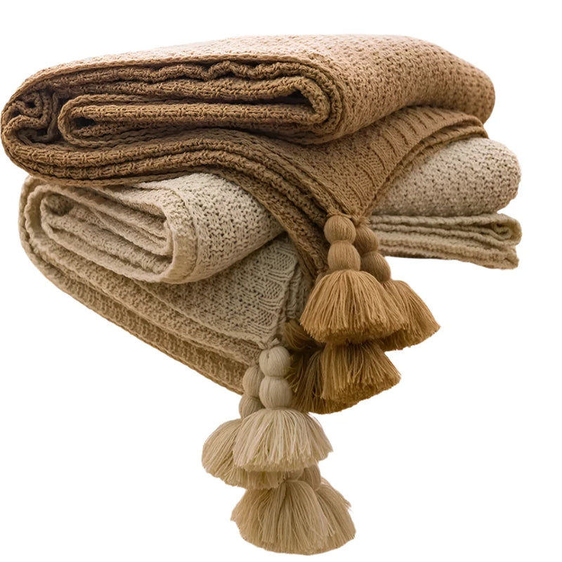 Chunky Knit Blanket for Bed, Sofa, and Couch – Waffle Embossed Throw with Tassels