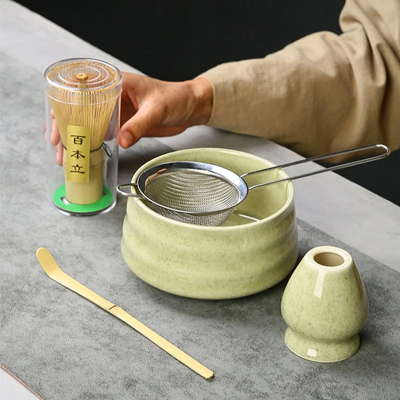 Japanese Matcha Tea Ceremony Set | Natural Bamboo Whisk & Pottery Bowl