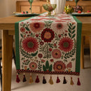 American Vintage Style Table Runner with Floral Jacquard Weave and Tassels