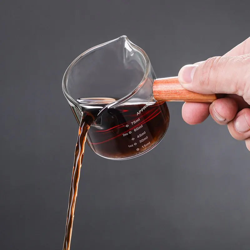 Wood Handle Glass Espresso Measuring Cup – Double/Single Mouth Milk Jug for Coffe
