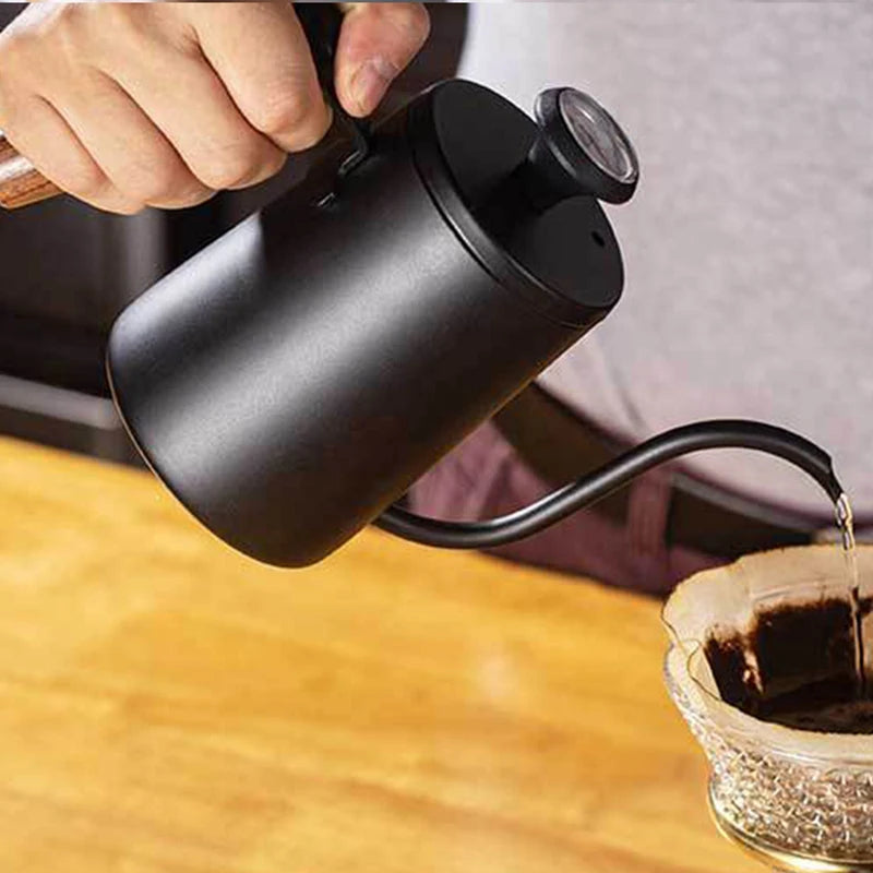 Stainless Steel Gooseneck Drip Coffee Pot with Wooden Handle and Thermometer