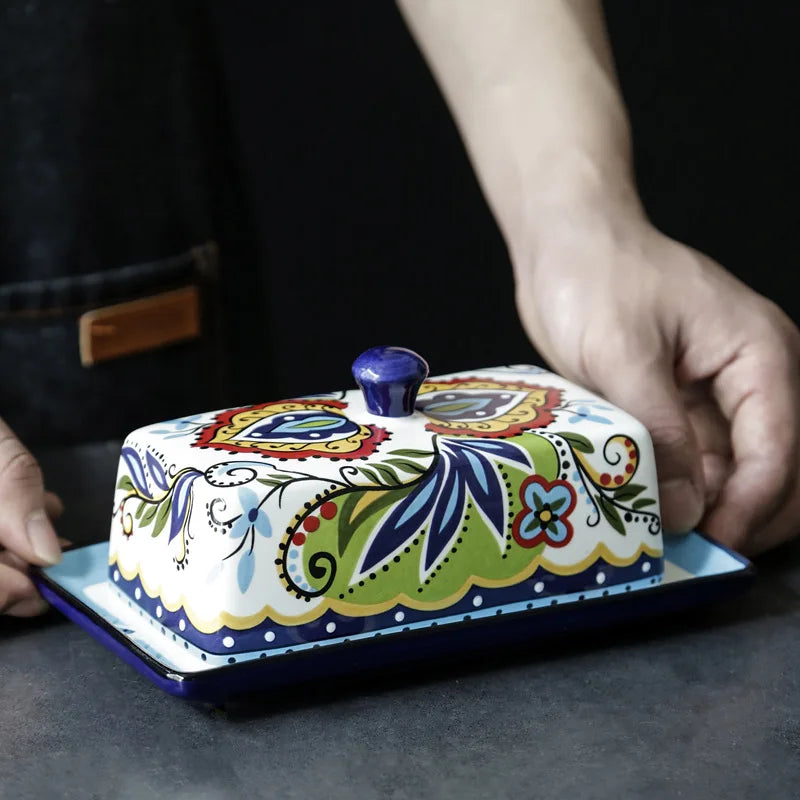 Hand-Painted Ceramic Butter Dish with Lid – Butter Keeper Holder for Countertop & Refrigerator Shelf