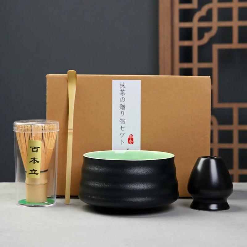 Japanese Matcha Tea Ceremony Set | Natural Bamboo Whisk & Pottery Bowl