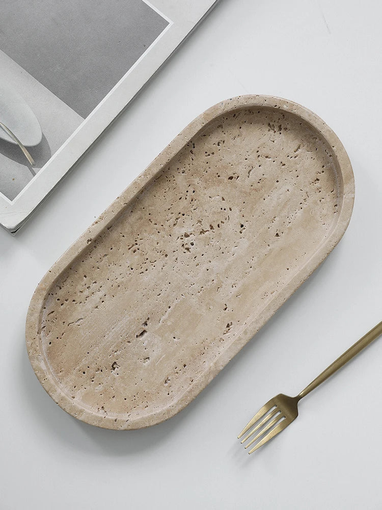 Minimalism Marble Tray for Perfume, Candles, Jewelry – Travertine Stone Vanity Tray for Countertop