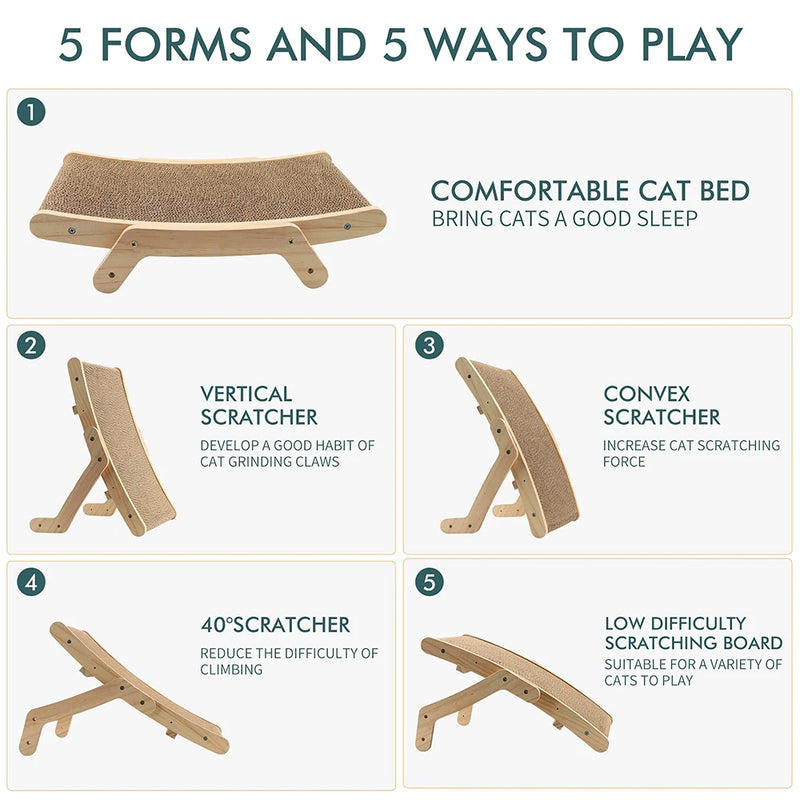 5-in-1 Cat Scratcher with Wooden Frame – Reversible Cardboard Lounger & Activity Center