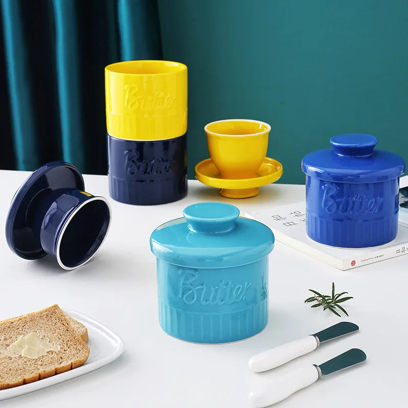 Ceramic Butter& Cheese Box – Cylindrical Butter Dish with Water Seal
