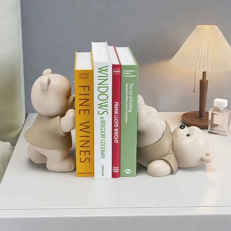 Bear Bookend Figurines – Cream Resin Decor for Living Room, Bookcase, or Birthday Gift
