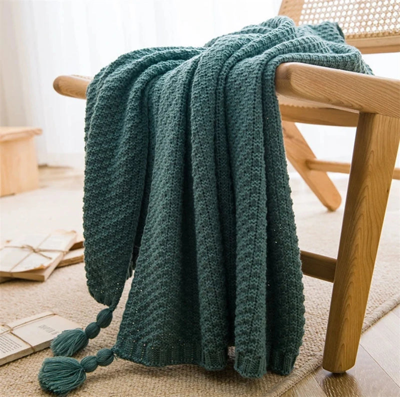 Chunky Knit Blanket for Bed, Sofa, and Couch – Waffle Embossed Throw with Tassels