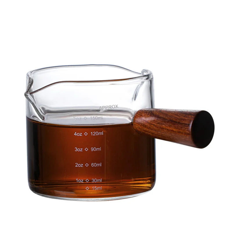 Wood Handle Glass Espresso Measuring Cup – Double/Single Mouth Milk Jug for Coffe