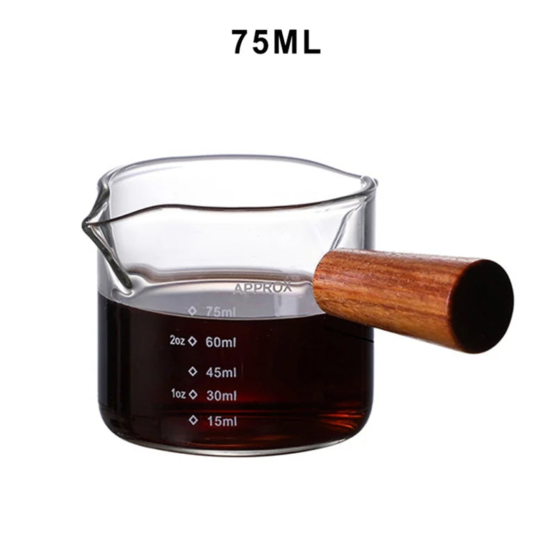 Wood Handle Glass Espresso Measuring Cup – Double/Single Mouth Milk Jug for Coffe