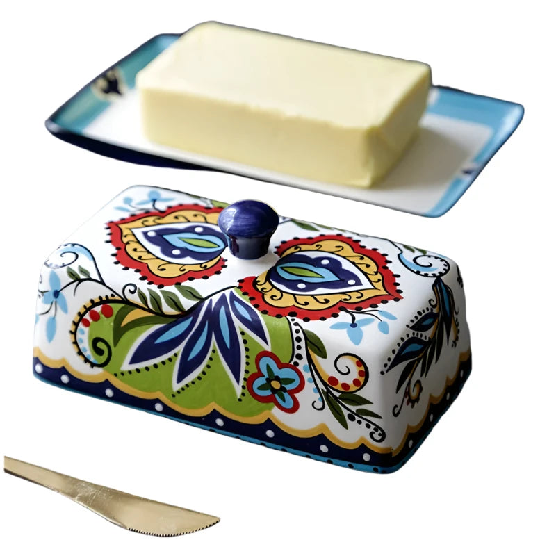 Hand-Painted Ceramic Butter Dish with Lid – Butter Keeper Holder for Countertop & Refrigerator Shelf