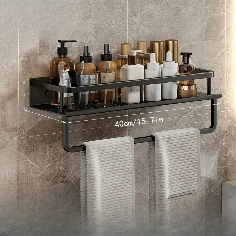 Black Wall-Mounted Bathroom Storage Rack – Single Tier Toiletries Shelf