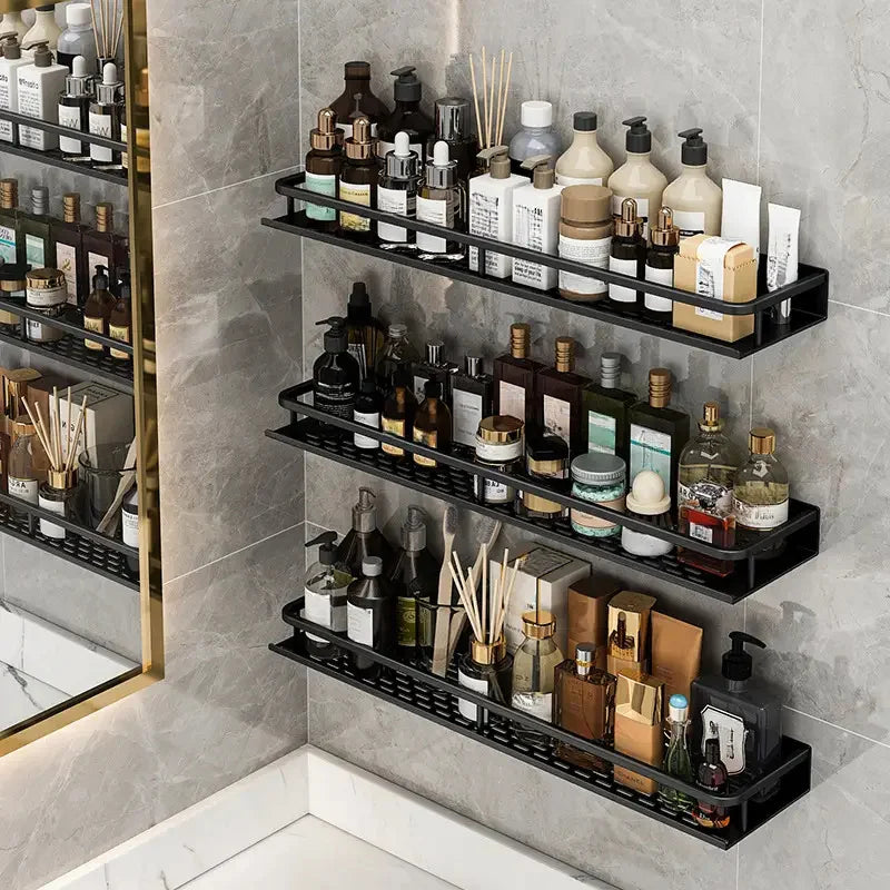 Black Wall-Mounted Bathroom Storage Rack – Single Tier Toiletries Shelf