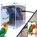 Bird feeder with camera and control feature, showing a parrot and smartphone app interface.