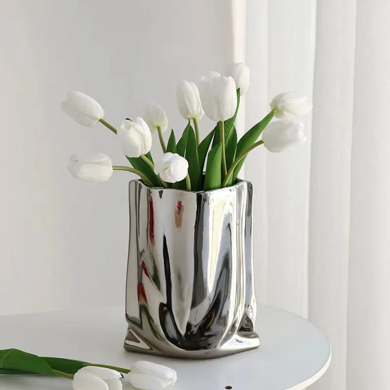 Silver Ruffled Flower Vase – Modern Ceramic & Porcelain Bag-Shaped Decor