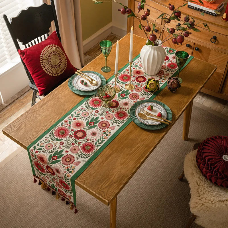 American Vintage Style Table Runner with Floral Jacquard Weave and Tassels