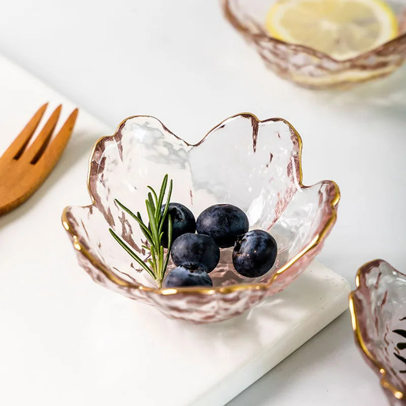 3pcs Cherry Blossom Sauce Dishes – Elegant Glass Bowls with Gold Inlay