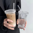 Striped Glass Mug with Lid + Straw
