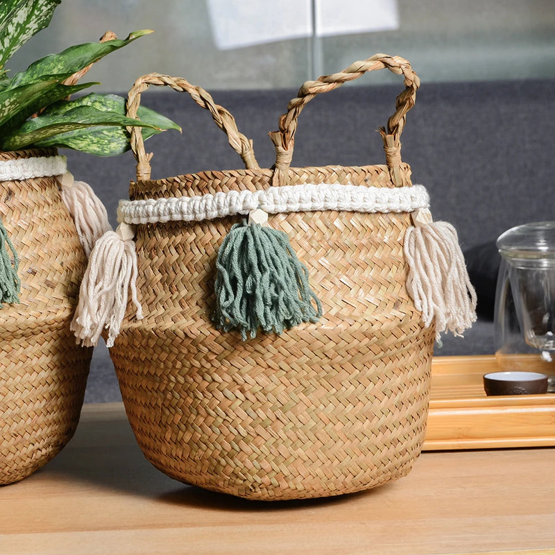 Tassel Pendant Seagrass Woven Storage Basket