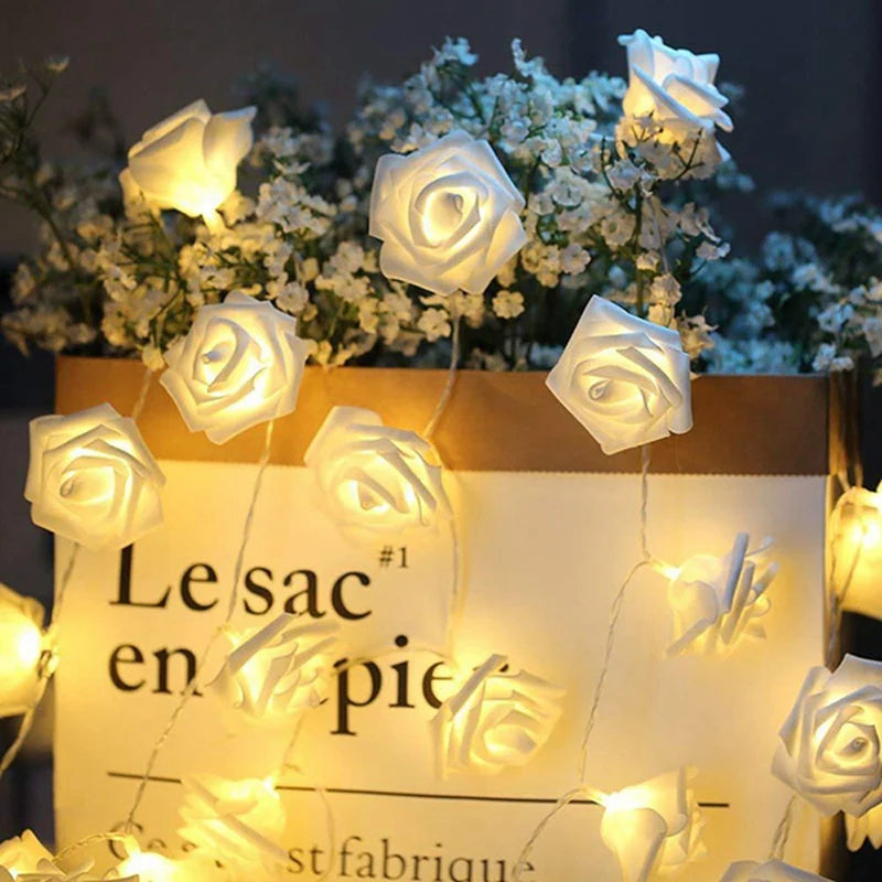 White Rose Flower String Lights - Battery Operated for Fairy Lights Decor